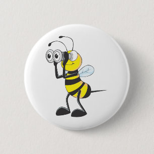 Badge Rond 5 Cm Abeille mignonne tenant des jumelles regardant