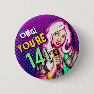 Badge Rond 5 Cm Ado chanteuse violette 14e anniversaire