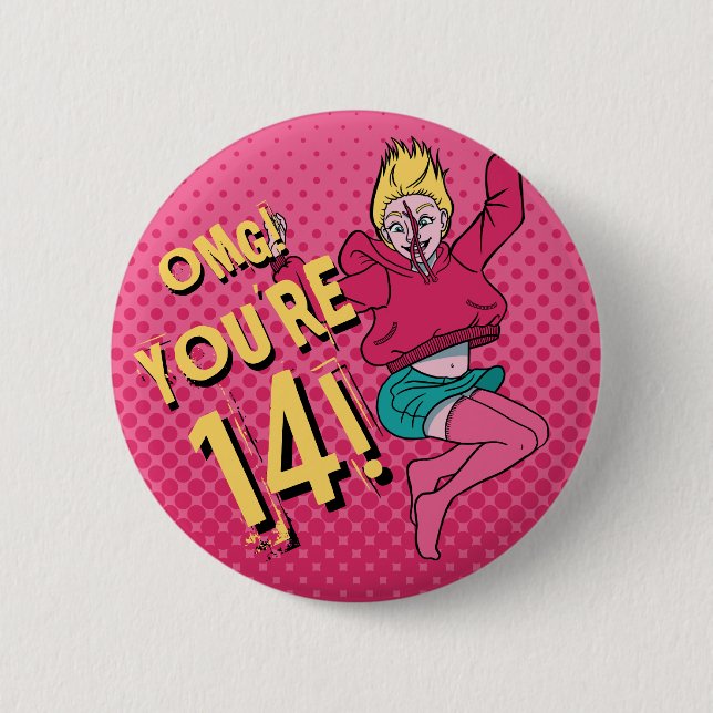 Badge Rond 5 Cm Ado Jumping rose 14e anniversaire (Devant)