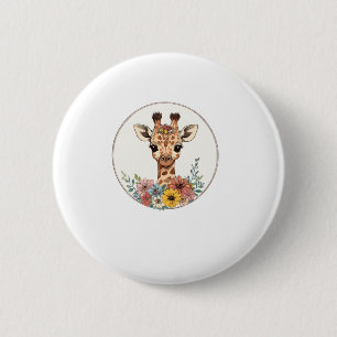 Badge Rond 5 Cm Adorable Giraffe Aux Fleurs