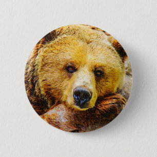 Badge Rond 5 Cm Adorable Ours Visage Bois Animal