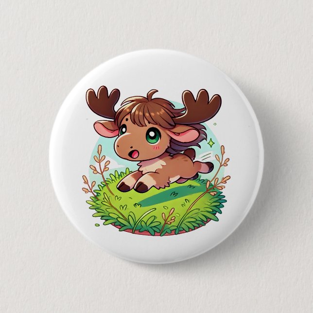 Badge Rond 5 Cm Adorable veau d'orignal traversant un champ (Devant)