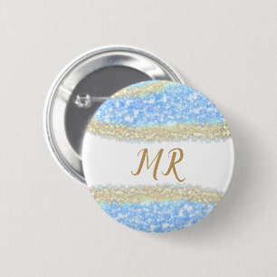 Badge Rond 5 Cm agate bleu or parties scintillant étincelle monogr