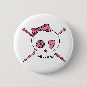 Badge Rond 5 Cm Aiguilles de crâne et de tricot (rose)