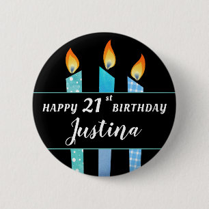 Badge Rond 5 Cm Ajouter Nom et âge Bougies bleues Joyeux cadeau d'