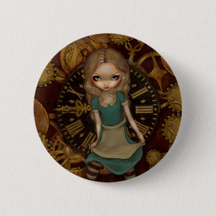 Badge Rond 5 Cm "Alice bouton dans rouages"