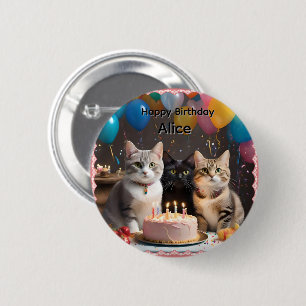 Badge Rond 5 Cm Alice Nom Avec Fête D'anniversaire Chats,