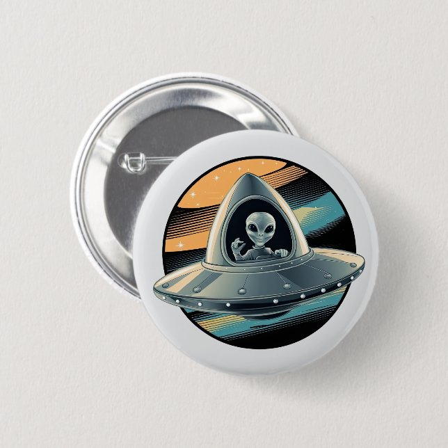 Badge Rond 5 Cm Alien en vaisseau spatial (Devant & derrière)