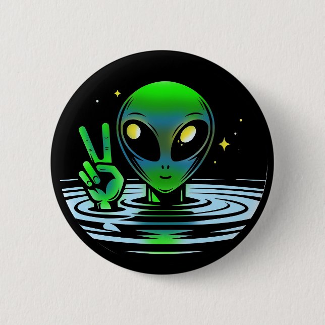 Badge Rond 5 Cm Alien extraterrestre donnant signe de paix (Devant)