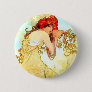Badge Rond 5 Cm Alphonse Mucha Art Nouveau Été