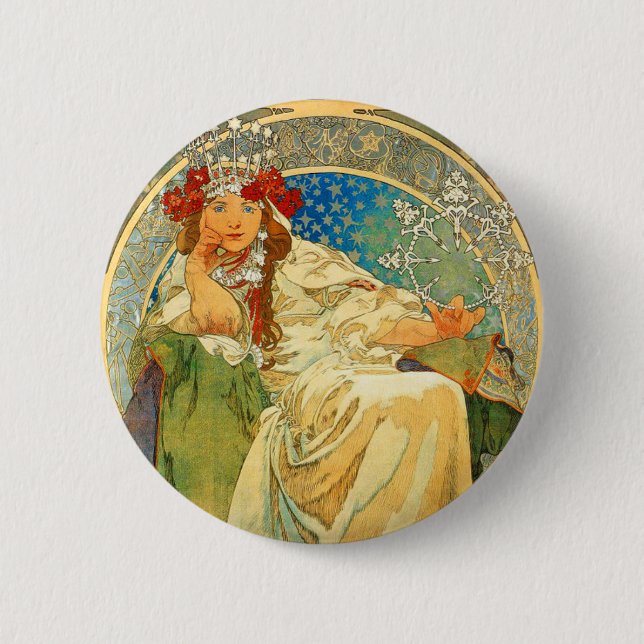 Badge Rond 5 Cm Alphonse Mucha Art Nouveau Princesse Hyacinth (Devant)
