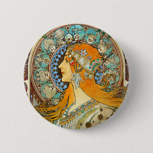 Badge Rond 5 Cm Alphonse Mucha Art Nouveau Zodiac