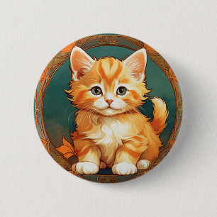 Badge Rond 5 Cm Alphonse Mucha Style Chat orange
