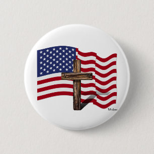 Badge Rond 5 Cm American Flag Waving and Rugged Cross