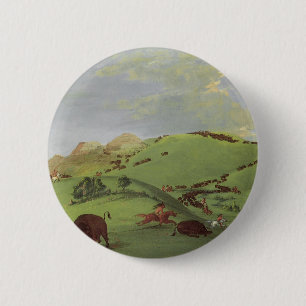 Badge Rond 5 Cm Amérindiens d'époque, Buffalo Chase de Catlin