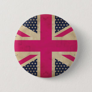 Badge Rond 5 Cm Ancien Union Jack dans le bouton Drapeau rose Badg