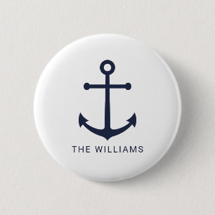 Badge Rond 5 Cm Ancre bleue marine et nom personnalisé