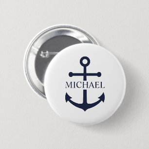 Badge Rond 5 Cm Ancre bleue marine Nom personnalisé