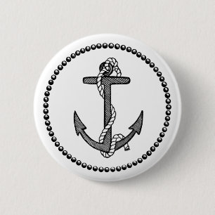 Badge Rond 5 Cm Ancre et corde vintage noir et blanc