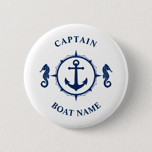 Badge Rond 5 Cm Ancre nautique Cheval de mer Capitaine Nom de bate