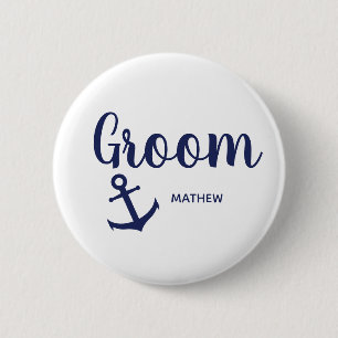 Badge Rond 5 Cm Ancre nautique de marié de bleu marine