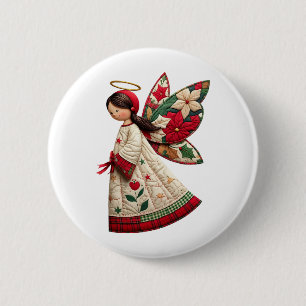 Badge Rond 5 Cm Ange de Noël avec fleurs de fêtes