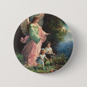 Badge Rond 5 Cm Ange gardien protégeant des enfants près d'une cor