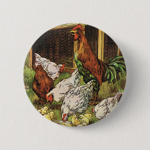 Badge Rond 5 Cm Animaux vintages, Coq, Poules, Poulets