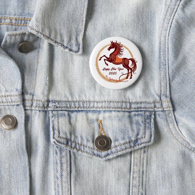 Badge Rond 5 Cm Année du Cheval 2026 couleur Brown (En situation)