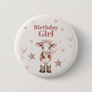Badge Rond 5 Cm Anniversaire Cowgirl Rose   Thème Ferme 1er
