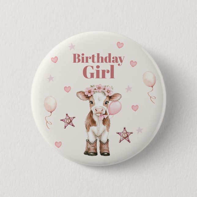 Badge Rond 5 Cm Anniversaire Cowgirl Rose | Thème Ferme 1er (Devant)