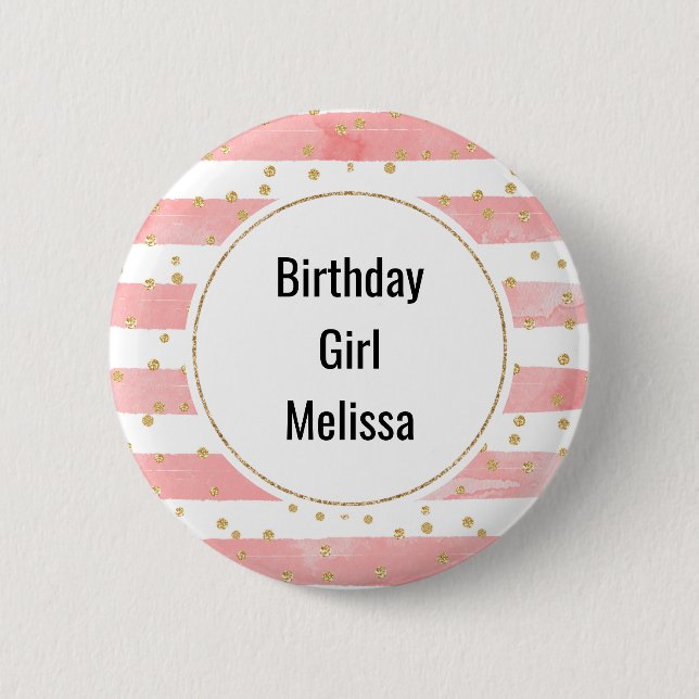 Badge Rond 5 Cm Anniversaire Fille rose rayures blanches | Gold Co (Devant)
