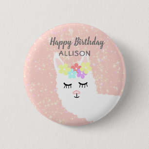 Badge Rond 5 Cm Anniversaire floral de Llama rose pâle personnali