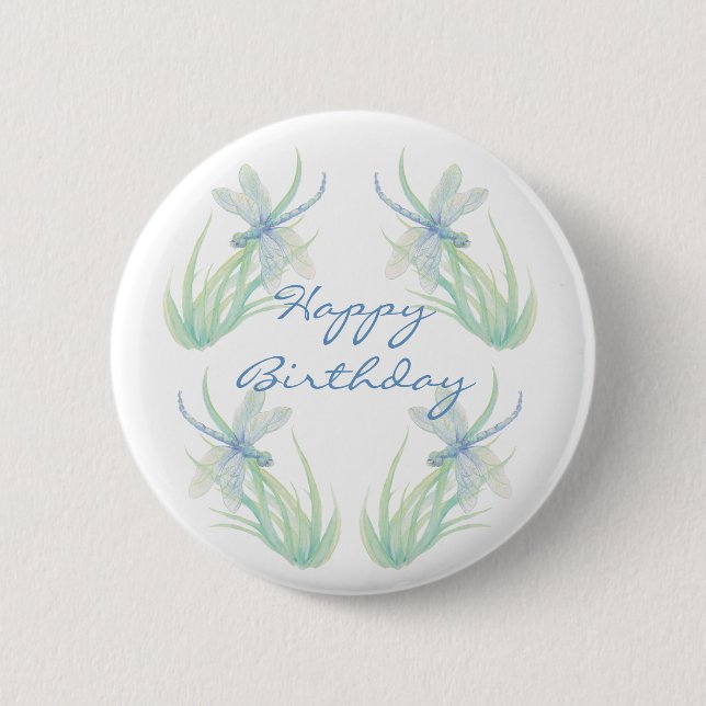 Badge Rond 5 Cm Anniversaire Original Aquarelle libellule en bleu (Devant)