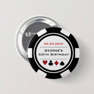 Badge Rond 5 Cm Anniversaire Poker Chip Casino Thème Blanc Noir