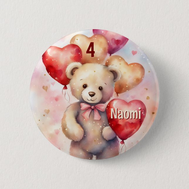Badge Rond 5 Cm Anniversaire Teddy Bear ajouter Nom & Age Little G (Devant)