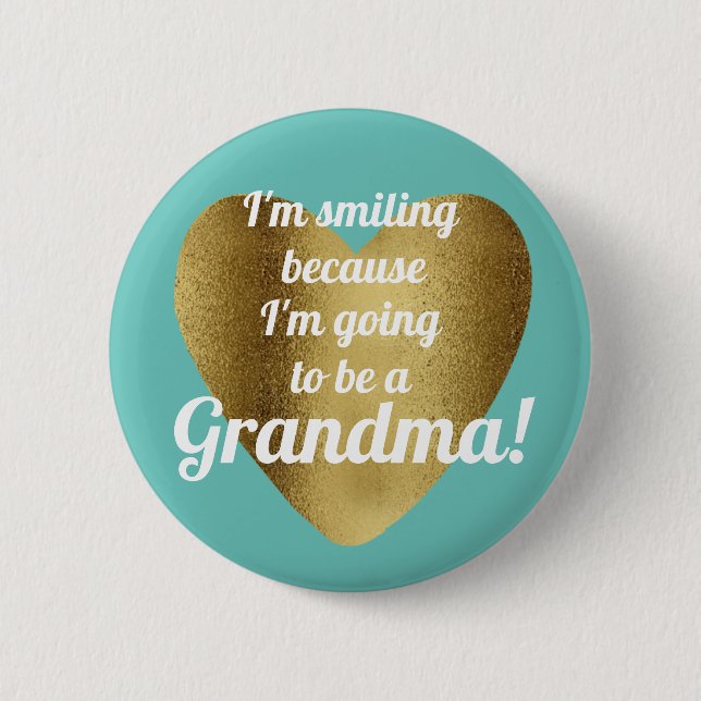 Badge Rond 5 Cm Annonce Future Grand-mère Cœur Doré Sarcelle (Devant)