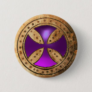 Badge Rond 5 Cm ANTIQUE TEMPLAR CROSS Purple Amethyst Gem