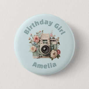 Badge Rond 5 Cm Appareil photo avec fleurs Fille d'anniversaire Ré