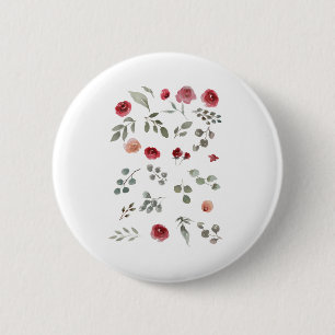 Badge Rond 5 Cm Aquarelle Aquarelle Rose Feuilles verts Feuille