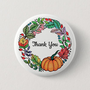 Badge Rond 5 Cm Aquarelle Belle couronne Citrouille avec feuille