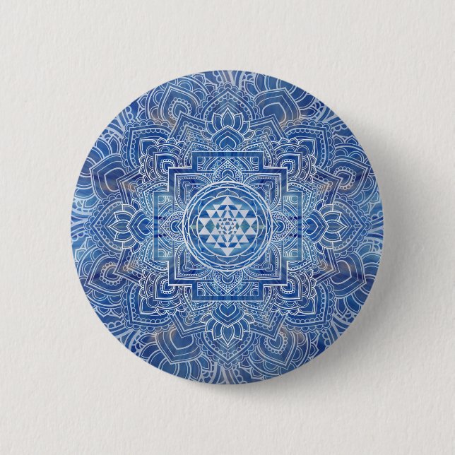Badge Rond 5 Cm Aquarelle bleue Sri Yantra / Sri Chakra (Devant)