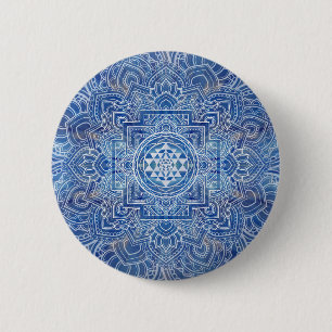 Badge Rond 5 Cm Aquarelle bleue Sri Yantra / Sri Chakra