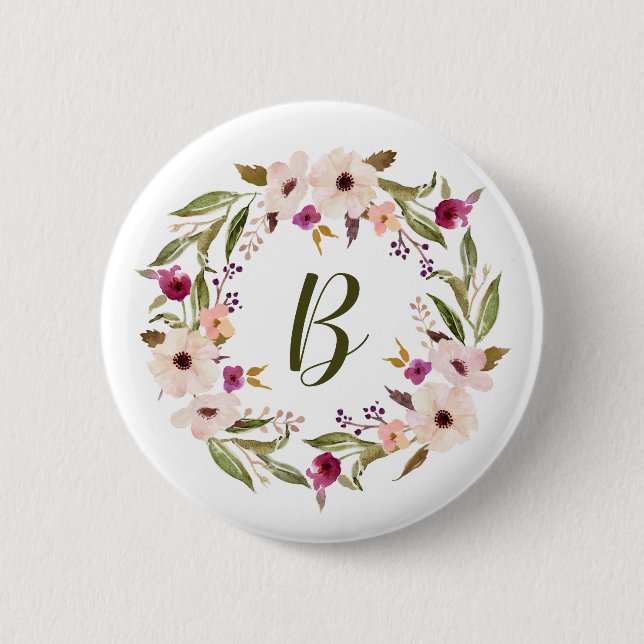 Badge Rond 5 Cm Aquarelle Bohème Floral Wreath Monogramme (Devant)