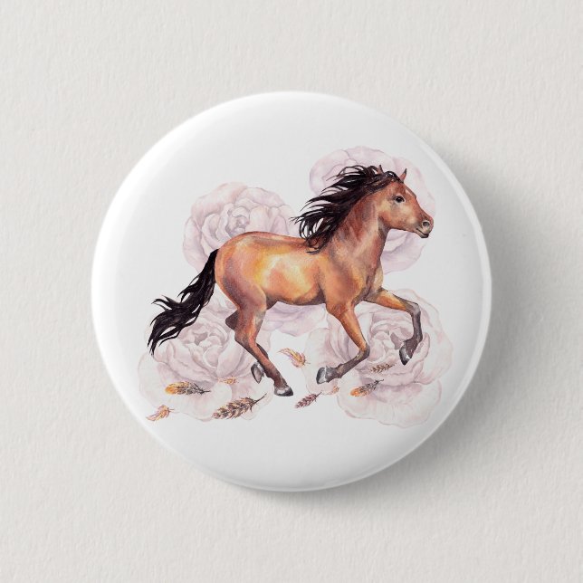 Badge Rond 5 Cm Aquarelle Cheval Wild Avec Fleurs Boho Arrière - p (Devant)