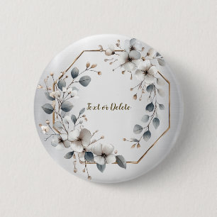 Badge Rond 5 Cm Aquarelle Fleurs blanches Cadre doré Argent Turquo