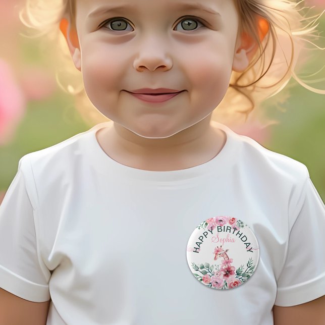 Badge Rond 5 Cm Aquarelle Floral Giraffe Ribbon Girl Anniversaire (Créateur téléchargé)