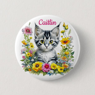 Badge Rond 5 Cm Aquarelle Kitten en Fleurs Jaunes Personnalisé