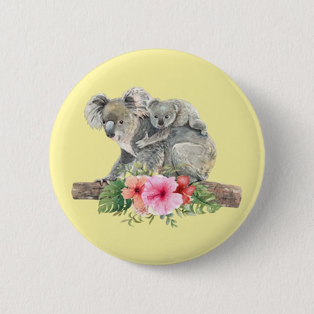 Badge Rond 5 Cm Aquarelle Koala Oears mignonne maman & bébé (Devant)