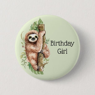 Badge Rond 5 Cm Aquarelle mignonne Sloth Anniversaire fille